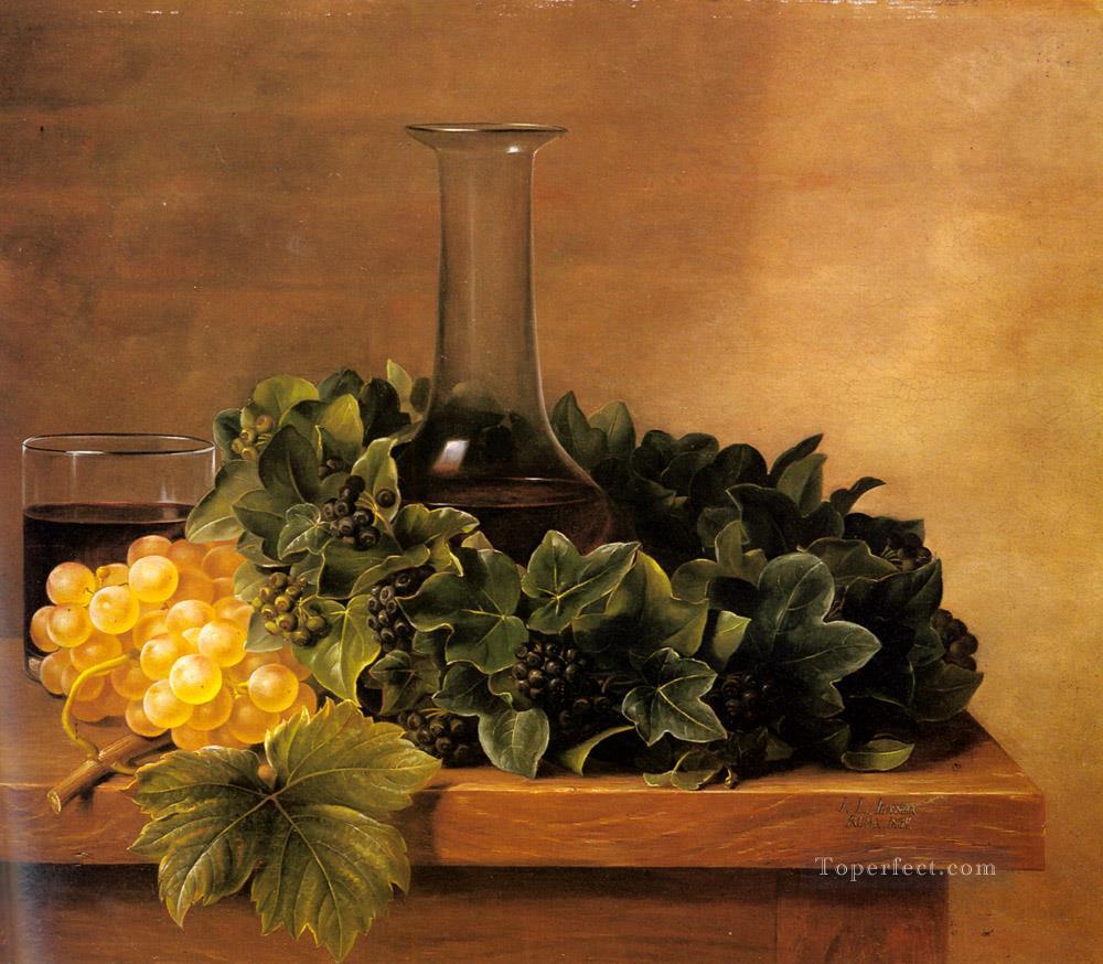 テーブルの上にブドウとワインのある静物 花 ヨハン・ラウレンツ・ジェンセン 花油絵